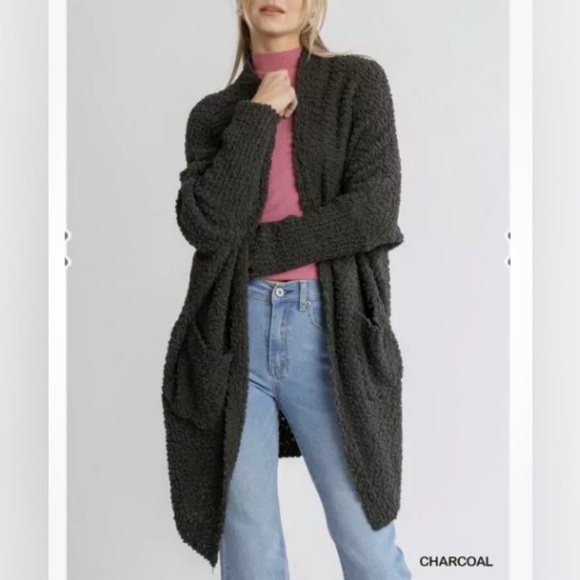 Umgee cosy open sweater with batwing sleeves dark gray size large pockets boho - Picture 1 of 9